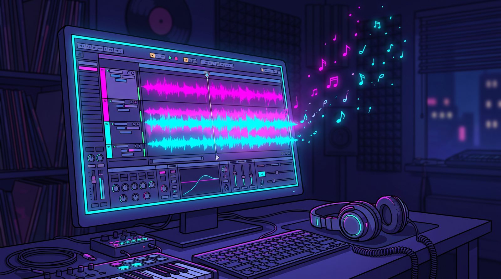 Home studio monitor showing pink and cyan waveforms in a DAW, with glowing music notes, headphones and a MIDI keyboard