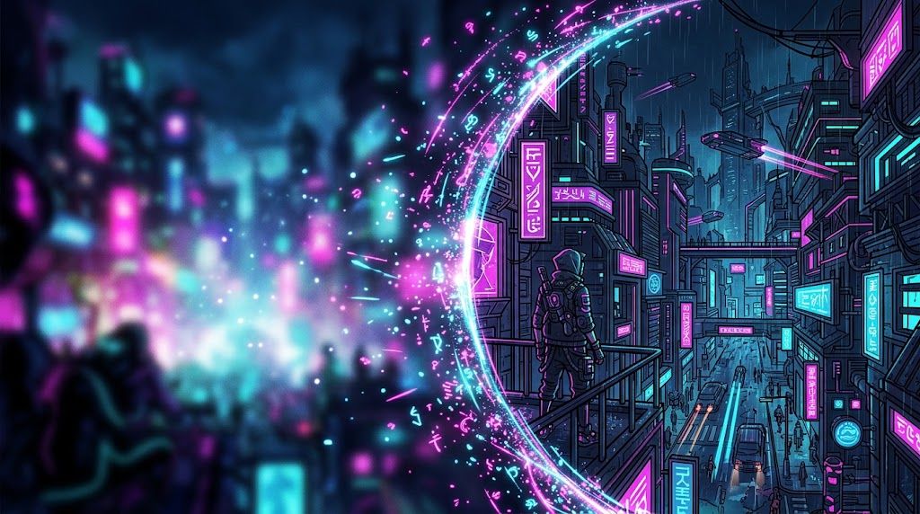 Cyberpunk city split by a glowing neon ring, blurry on the left and sharply detailed on the right