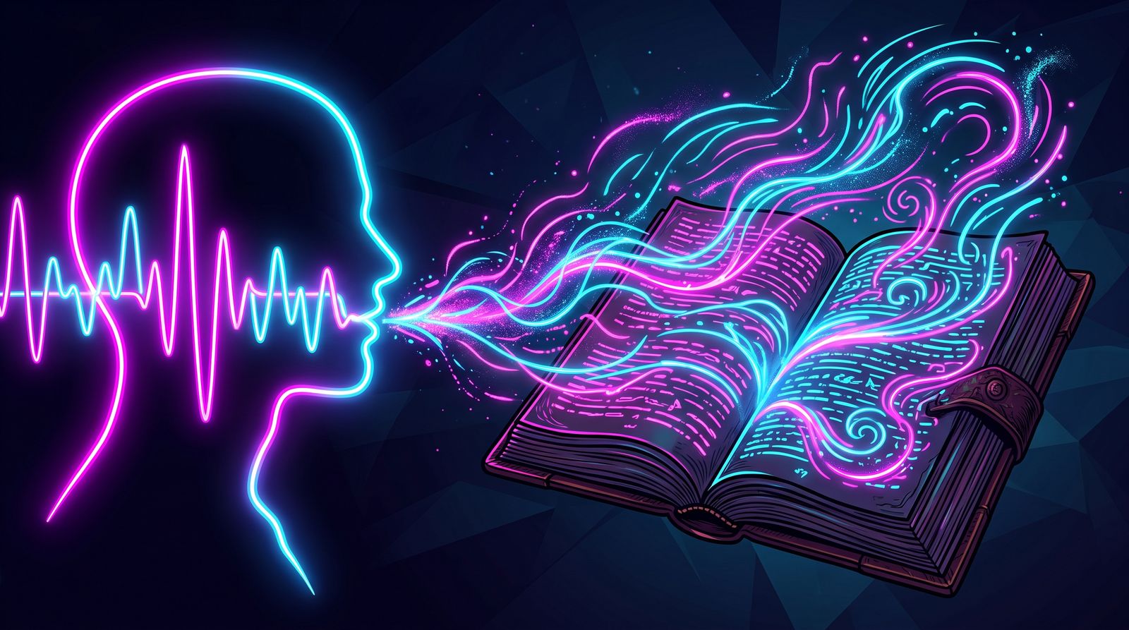 Neon outline of a human head with a sound waveform, glowing streams flowing from its mouth into an open book