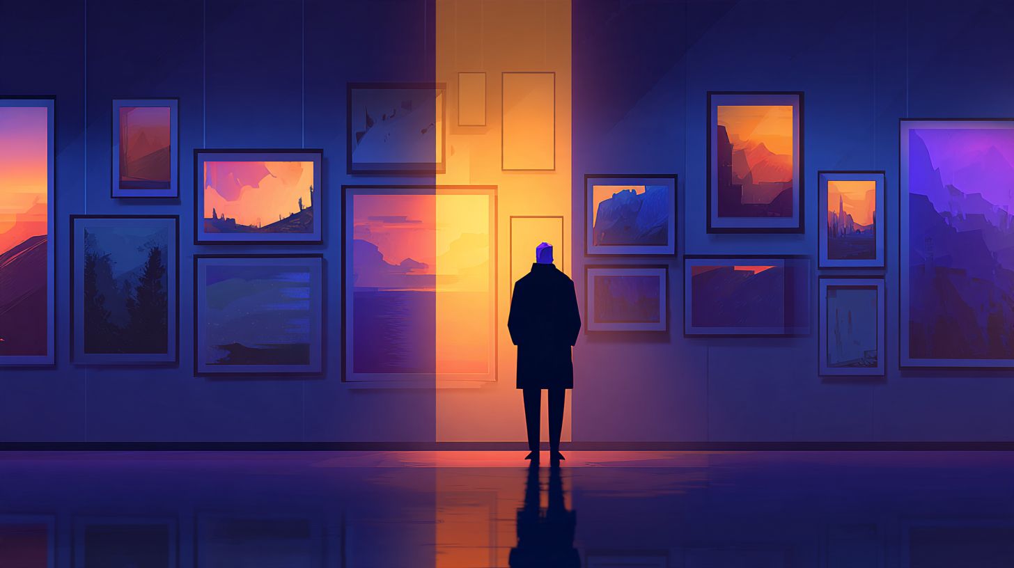 Silhouetted figure stands in a gallery of sunset landscape paintings, lit by a warm golden beam of light