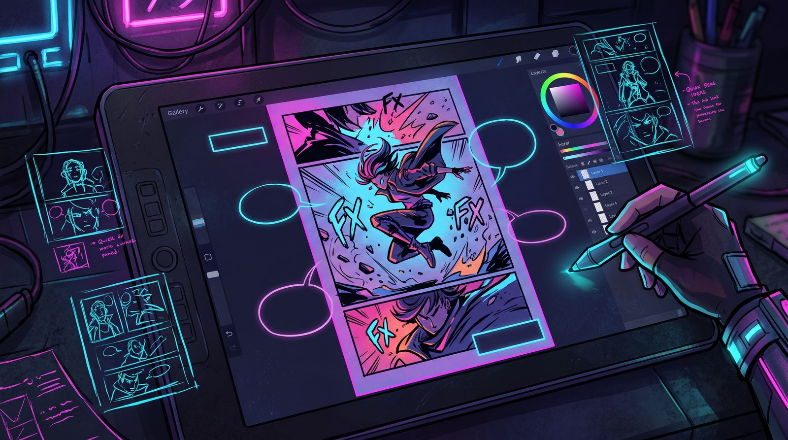 Hand with a glowing stylus working on a tablet comic page of a leaping hero, surrounded by neon thumbnail sketches