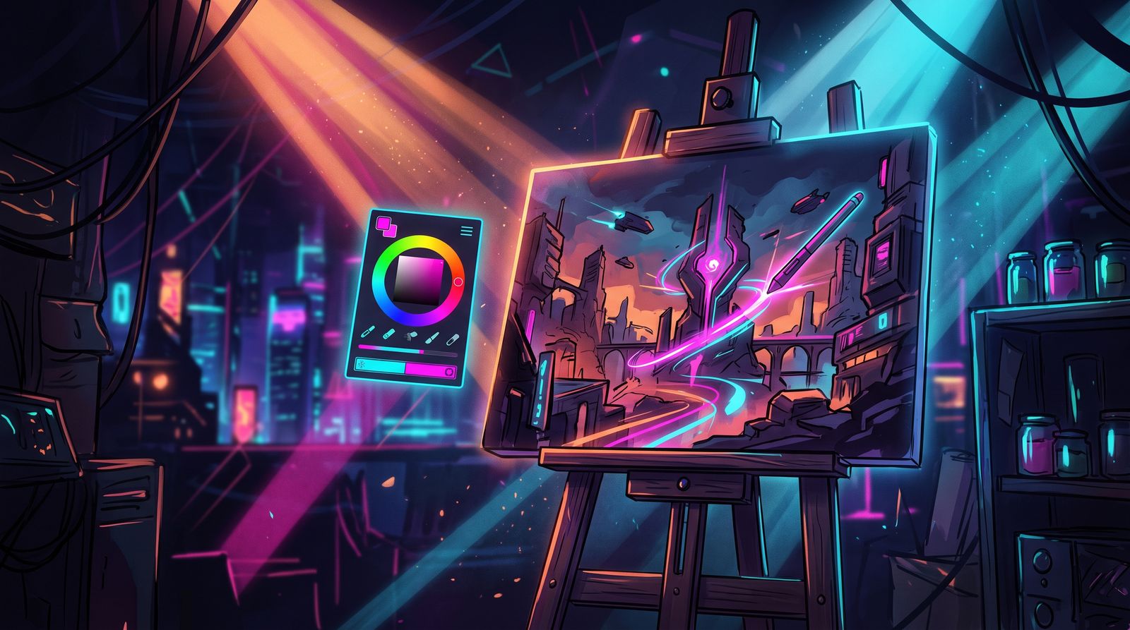Neon cityscape painting on a wooden easel beside a floating color wheel, lit by orange and cyan spotlights