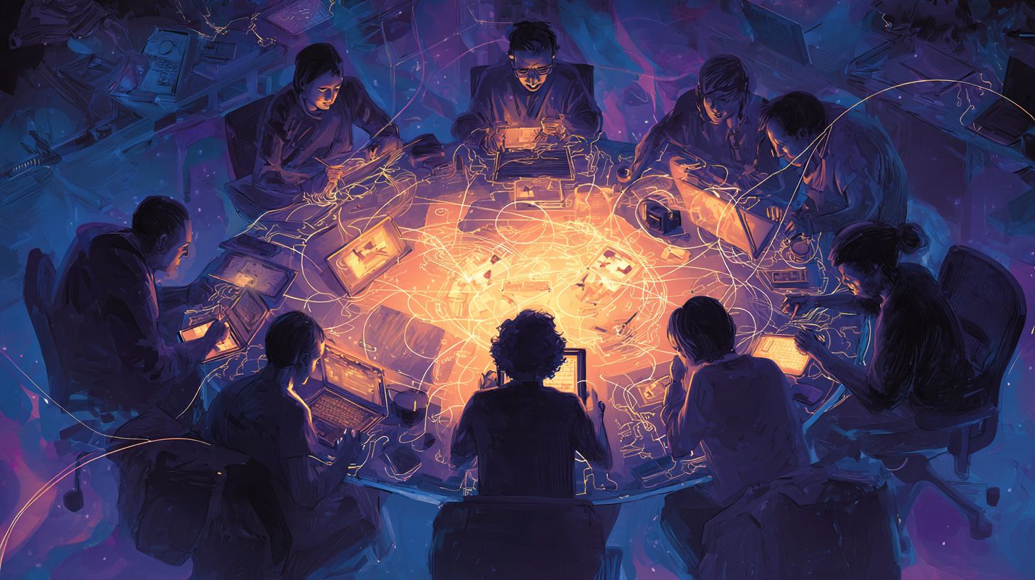 Overhead view of creators around a round table with laptops, linked by glowing golden threads of light