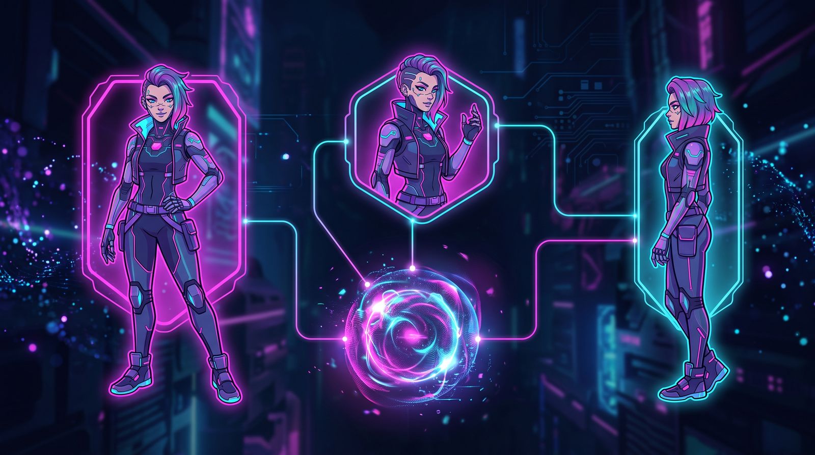 Neon character sheet of one purple-haired cyberpunk woman in three poses, linked by circuit lines to an orb