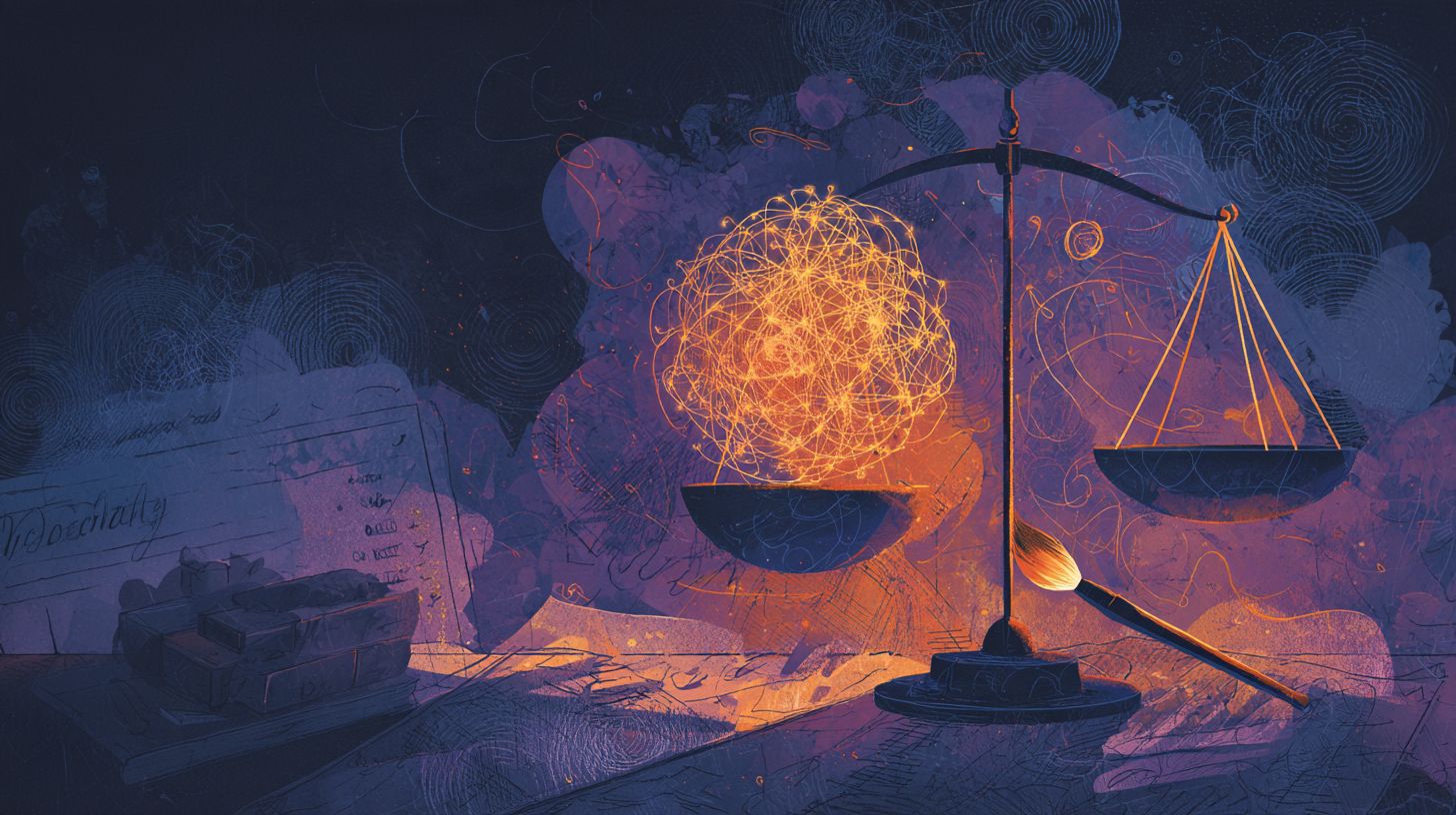 Balance scale weighing a glowing tangle of golden threads, with a paintbrush and contract papers on a purple desk