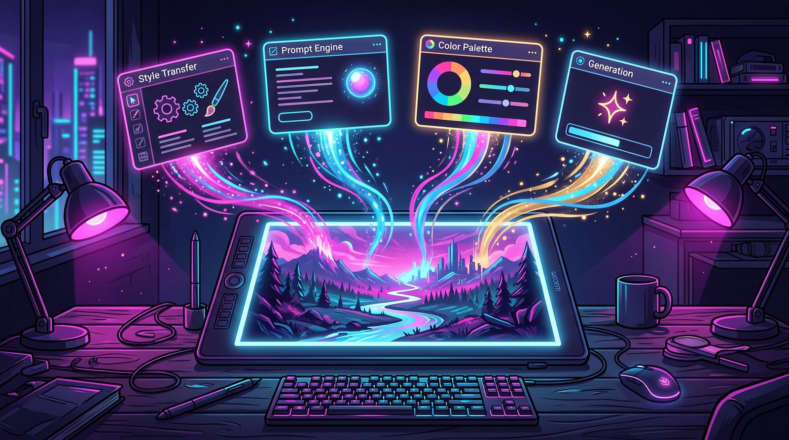 Neon desk with a drawing tablet showing a mountain landscape, fed by floating Style Transfer, Prompt, Palette and Generation panels