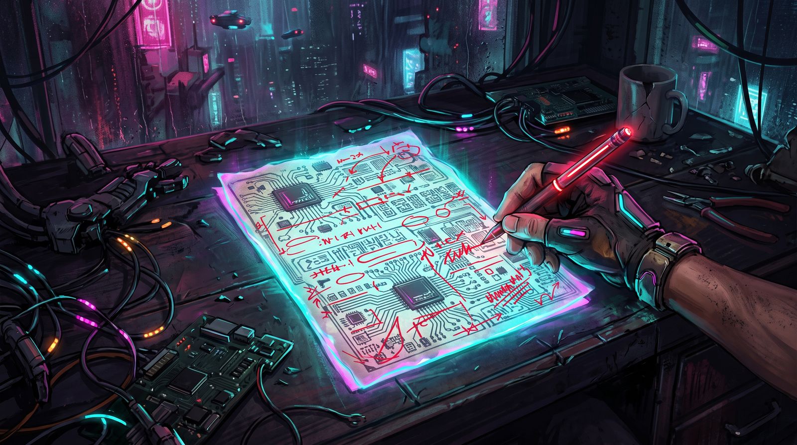 Hand holding a glowing red pen marking up a luminous circuit-board document on a cluttered desk in a neon-lit room