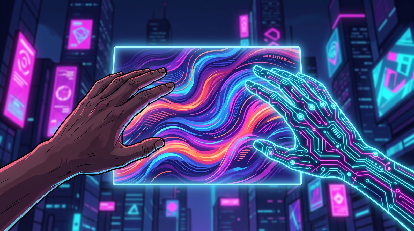 A human hand and a glowing circuit-patterned hand reach toward a swirling neon artwork panel in a city