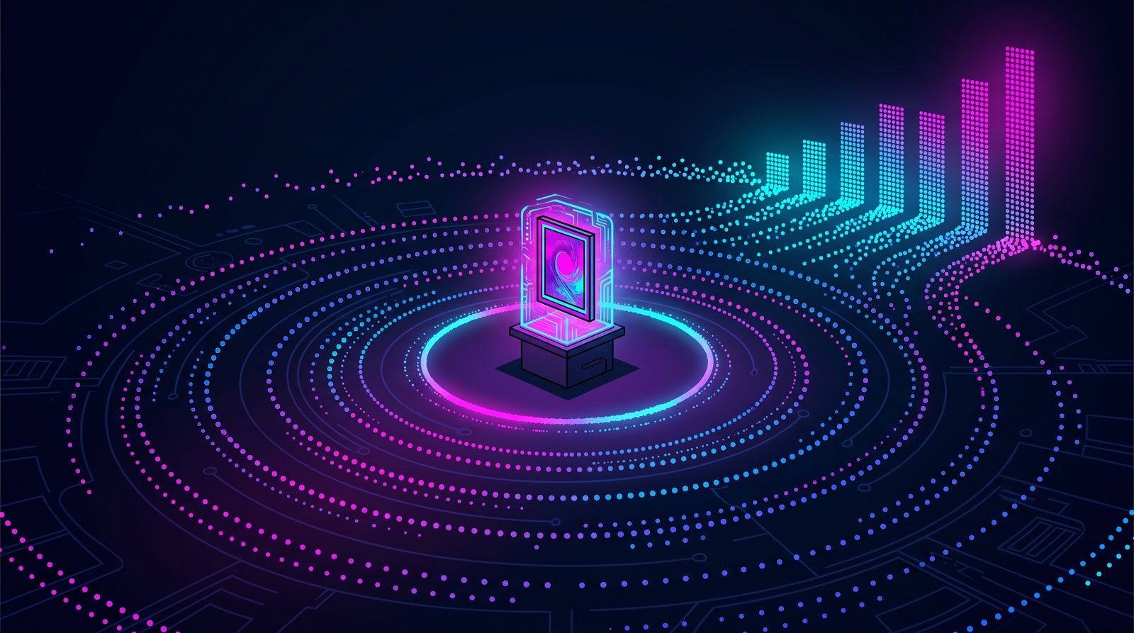 Glowing framed artwork on a pedestal at the center of dotted neon rings, with a rising bar chart beside it