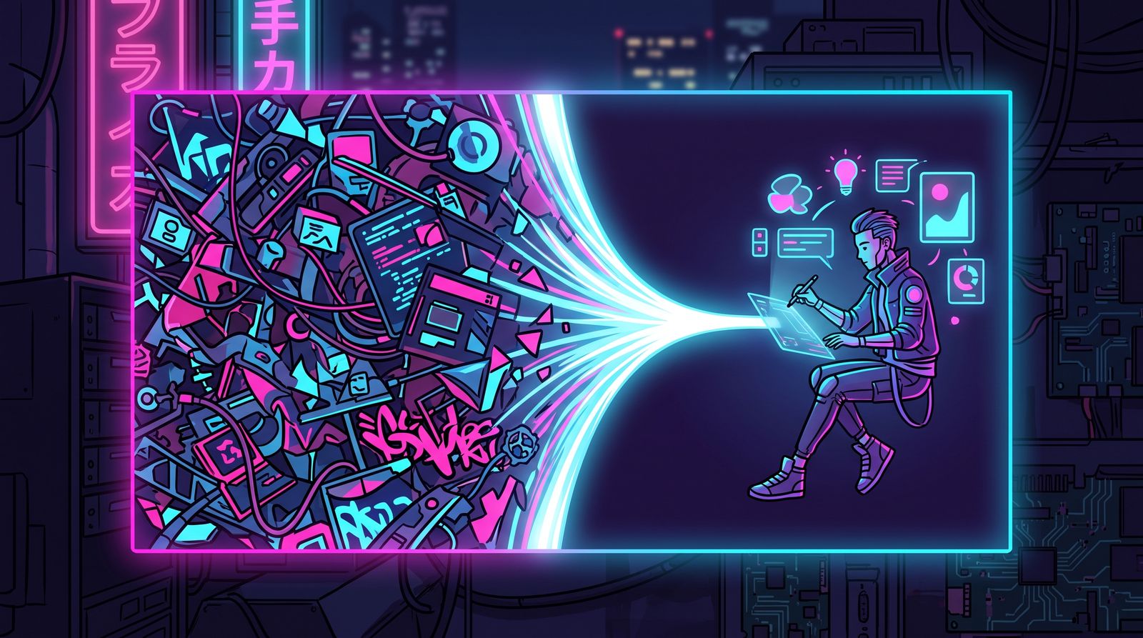 Neon cyberpunk illustration of tangled cables and screens streaming light toward a calm artist sketching on a tablet
