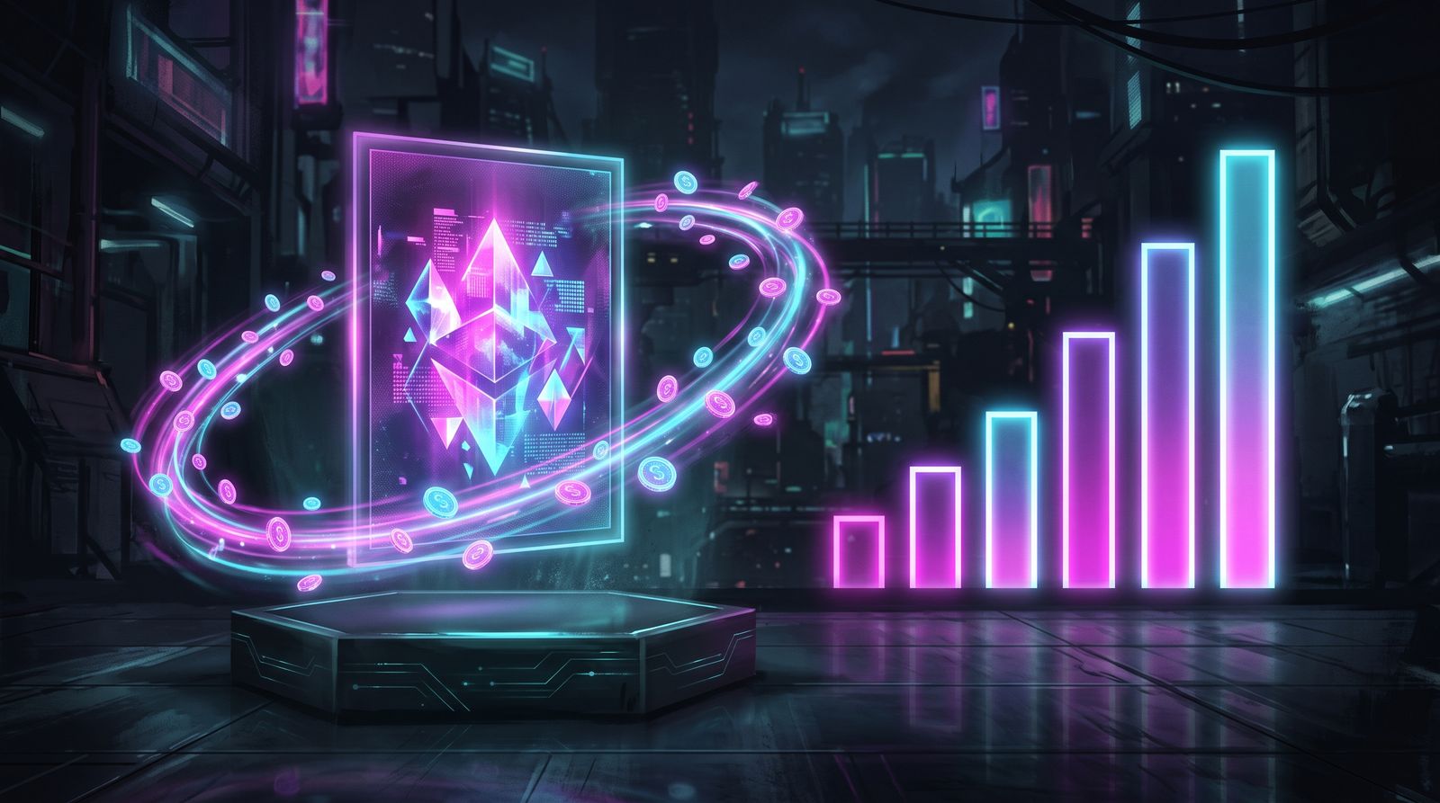 Glowing holographic artwork on a pedestal circled by neon coins beside a rising bar chart in a cyberpunk city