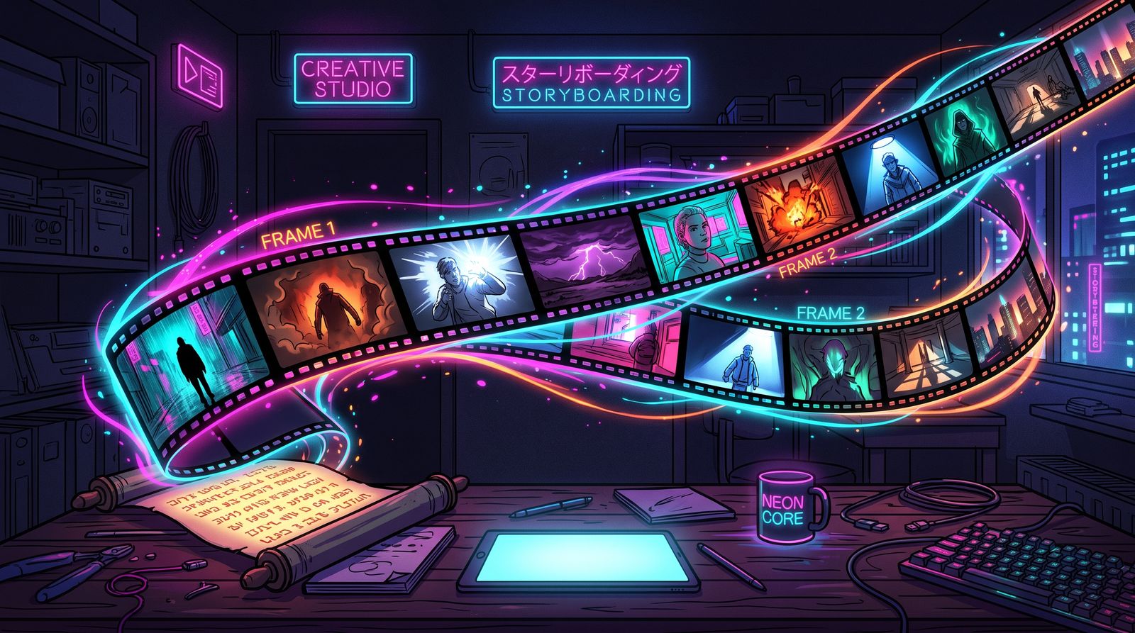 Glowing film strip of cinematic storyboard frames curling through a neon creative studio above a desk with a scroll