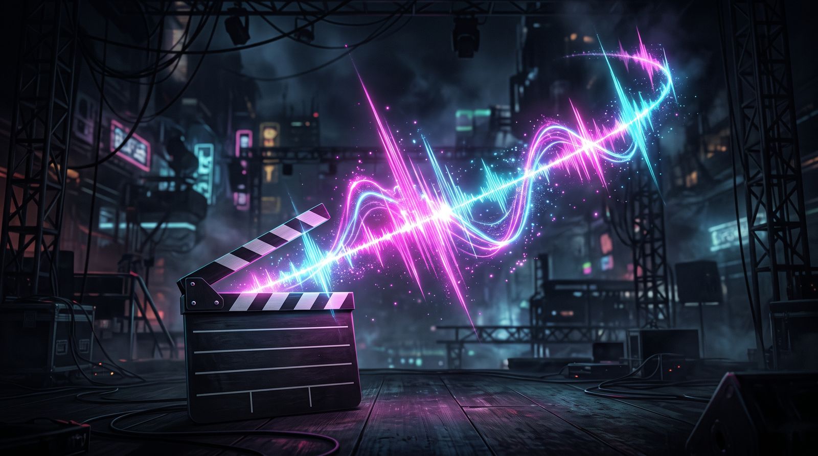 Film clapperboard on a dark stage with neon pink and cyan sound waves arcing above it, lighting rigs behind