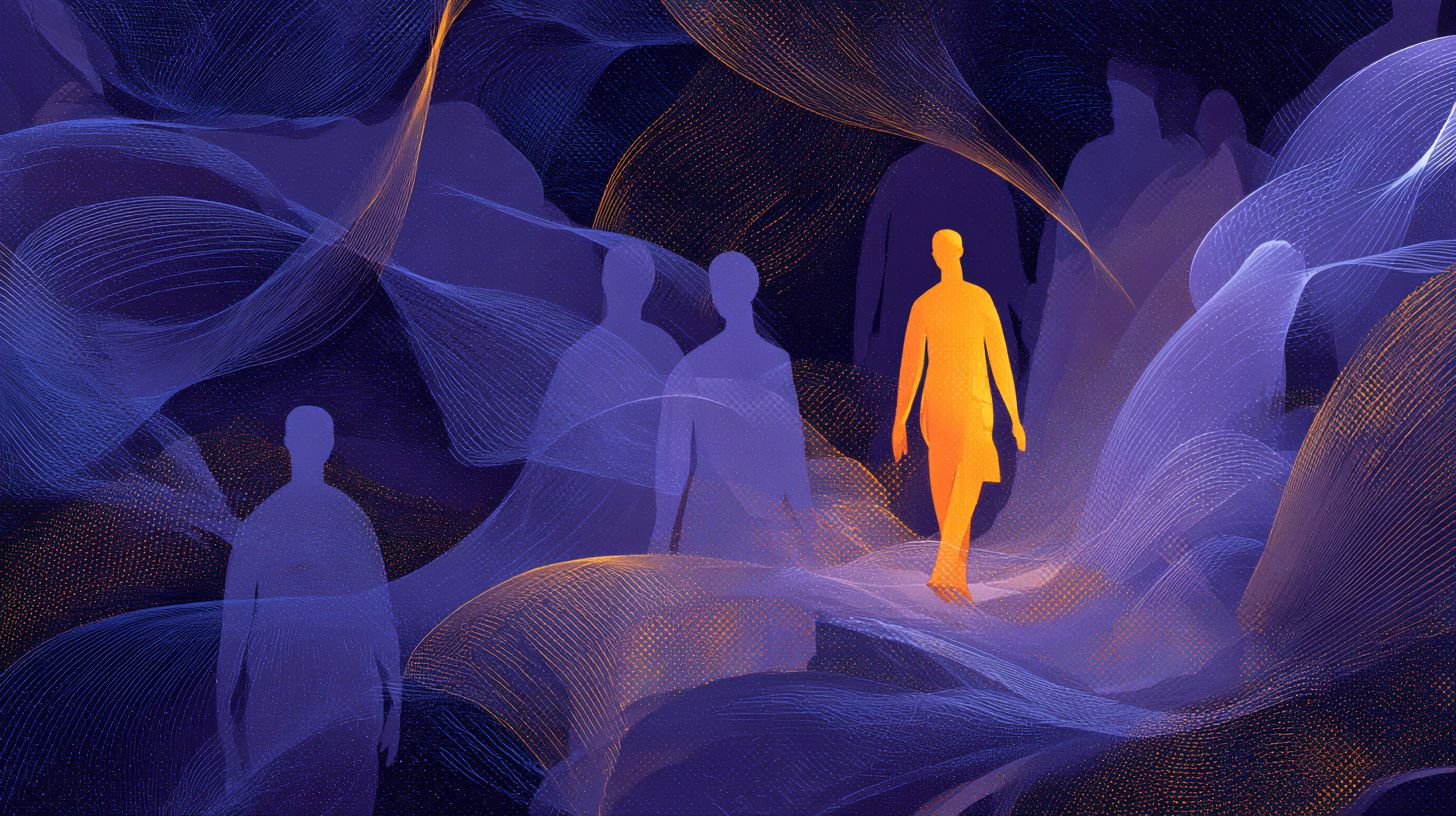 A single glowing orange figure walks among faded purple silhouettes through flowing waves of fine mesh lines