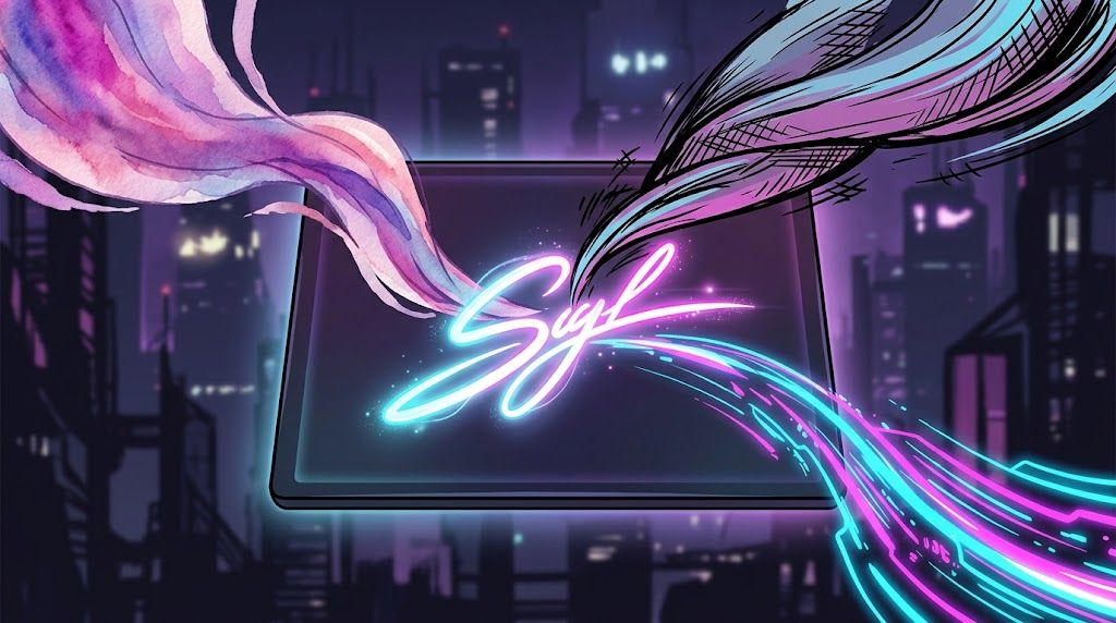 Watercolor, crosshatched ink and neon light streams converging into a glowing cursive signature on a tablet over a night city