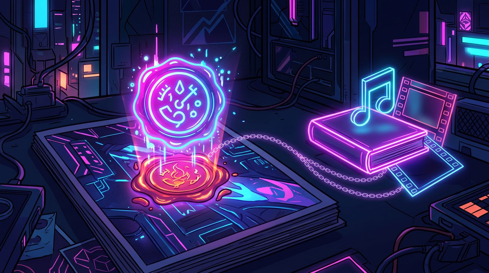 Glowing neon wax seal rising from stacked papers, chained to a book with a music note and film strip