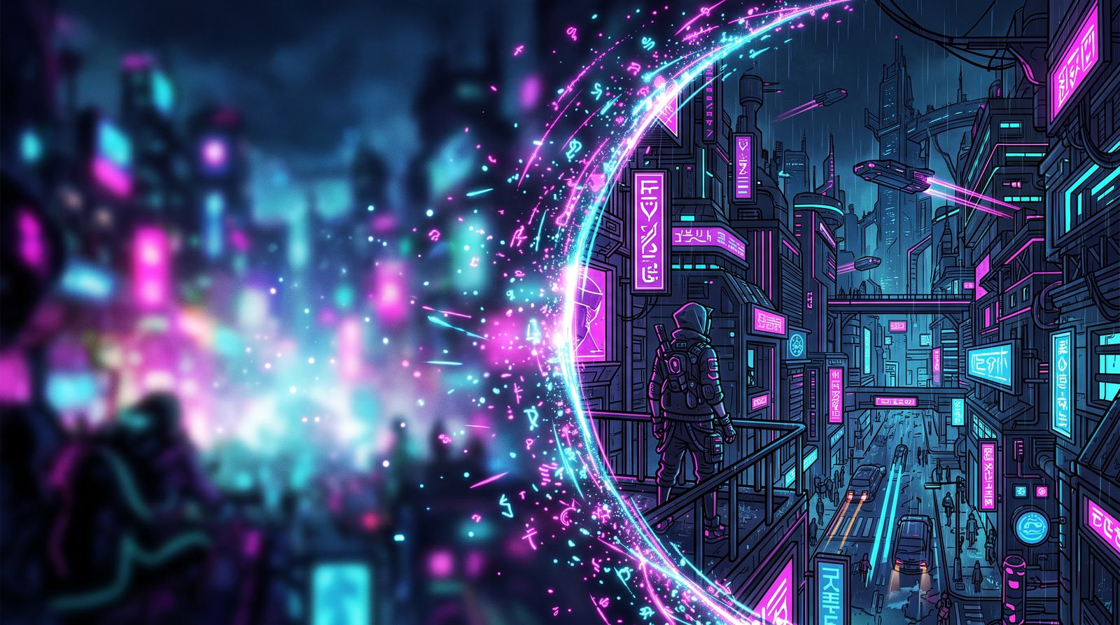 Cyberpunk city split by a glowing neon ring, blurry on the left and sharply detailed on the right