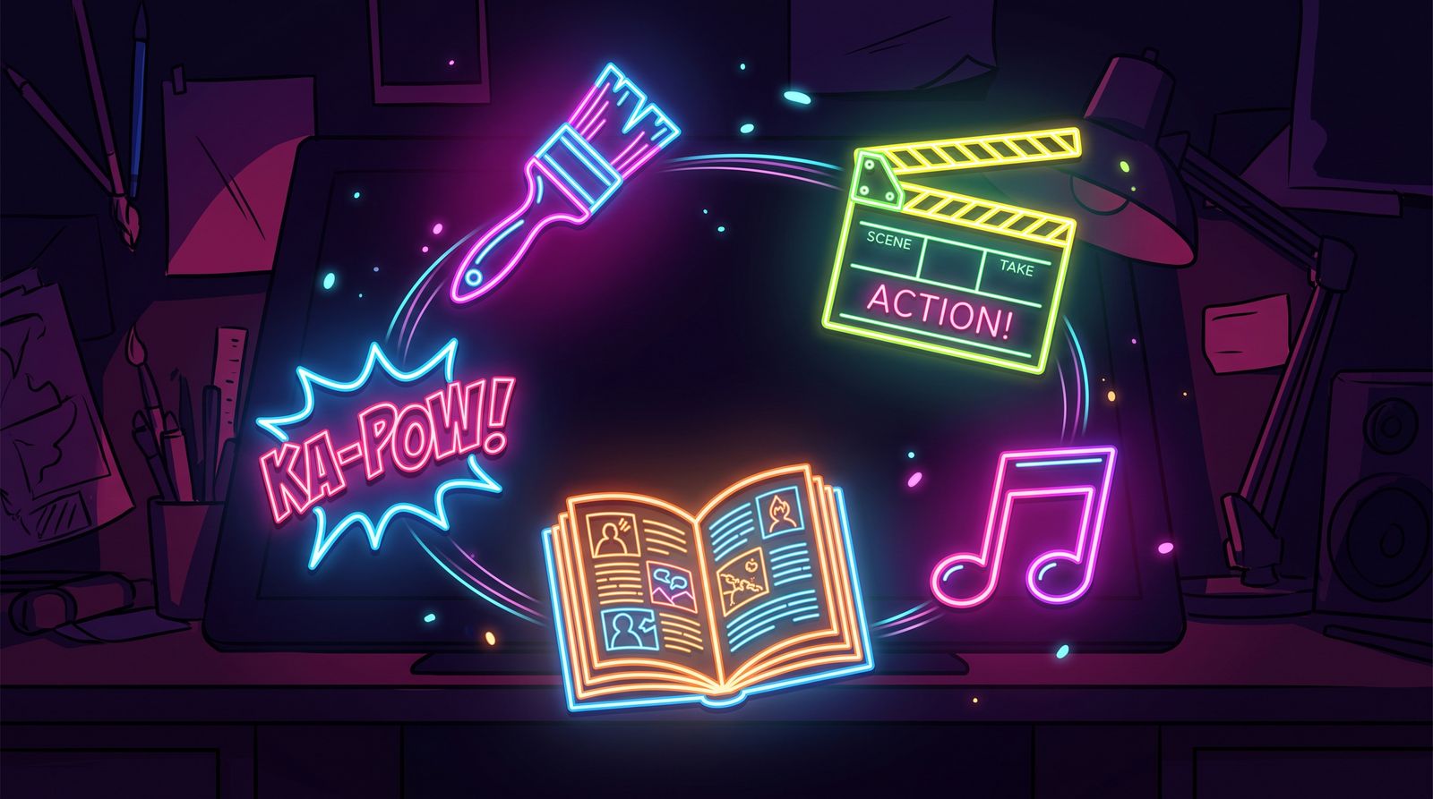 Neon icons of a paintbrush, KA-POW comic burst, clapperboard, open book and music note glowing over a dark desk