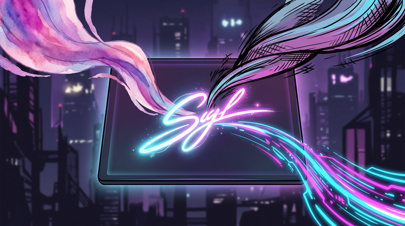 Watercolor, crosshatched ink and neon light streams converging into a glowing cursive signature on a tablet over a night city