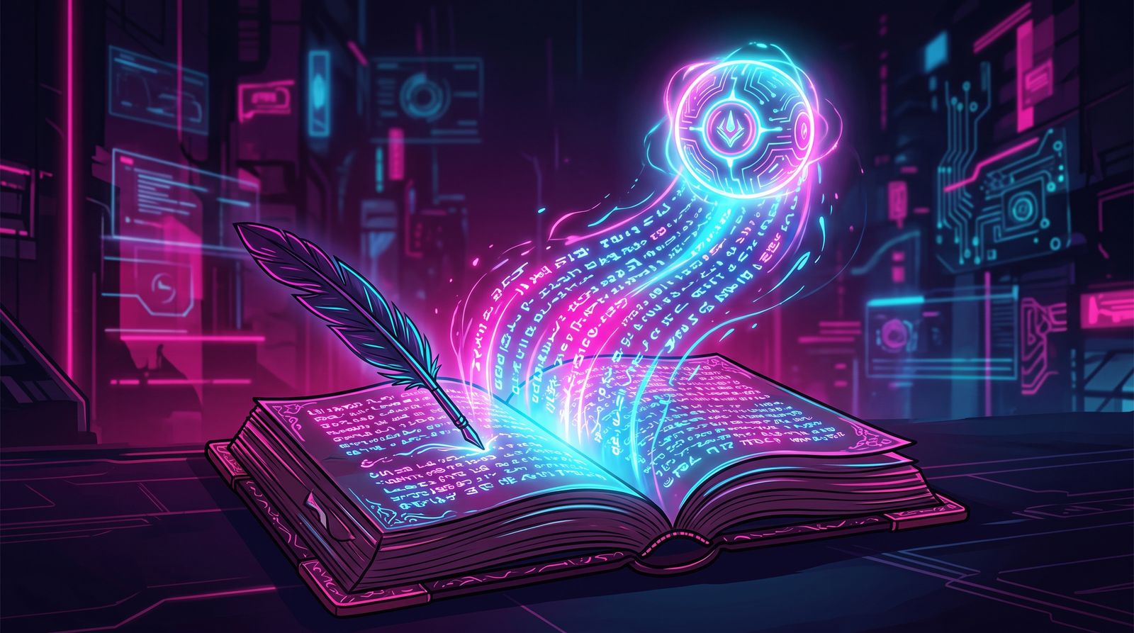 Open glowing book with a feather quill as streams of neon pink and cyan text rise toward a circuit-patterned orb